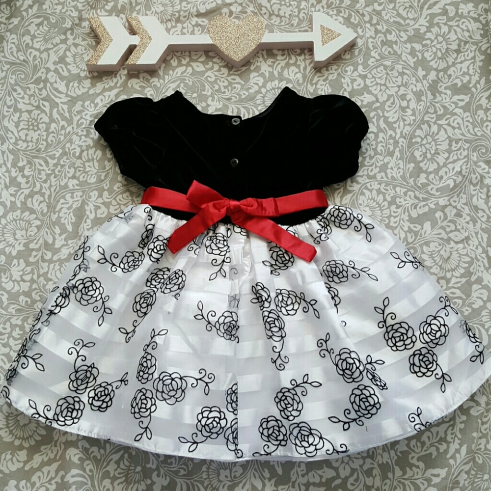 **SOLD** Youngland Christmas Holiday Velvet Floral Stripe Dress with Red Flower - Picture 3 of 6